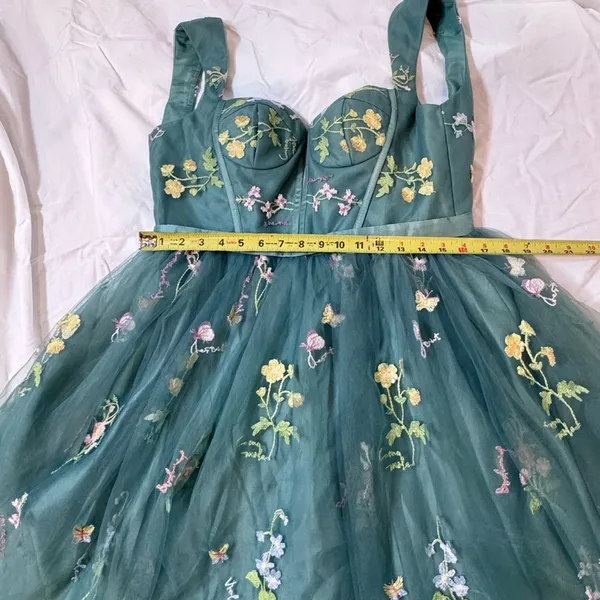 Green Embroidered Tulle Corset Mini Dress 12 Fairycore Prom Homecoming Formal - Image 14