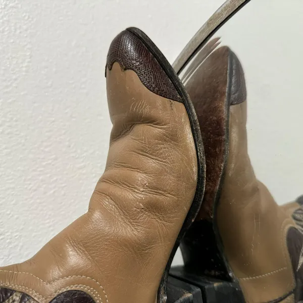Vintage Brown Tan Leather Western Festival Wingtip Mid Calf Heeled Cowboy Boots - Image 7