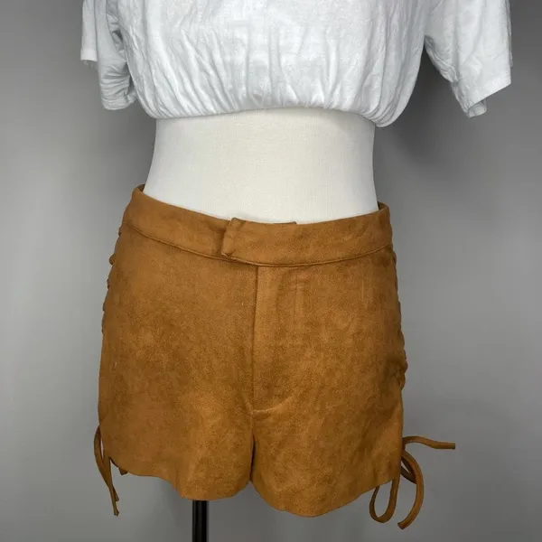 En Créme- Brown Suede Shorts w/ Cross Ties on Side - Image 3