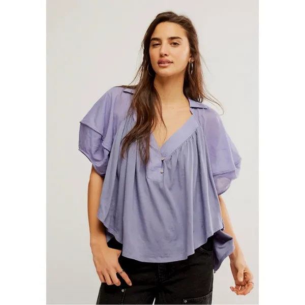 Free People Bohemian Billowy Oversized Sunray Babydoll Top Blue Granite XL - Image 4