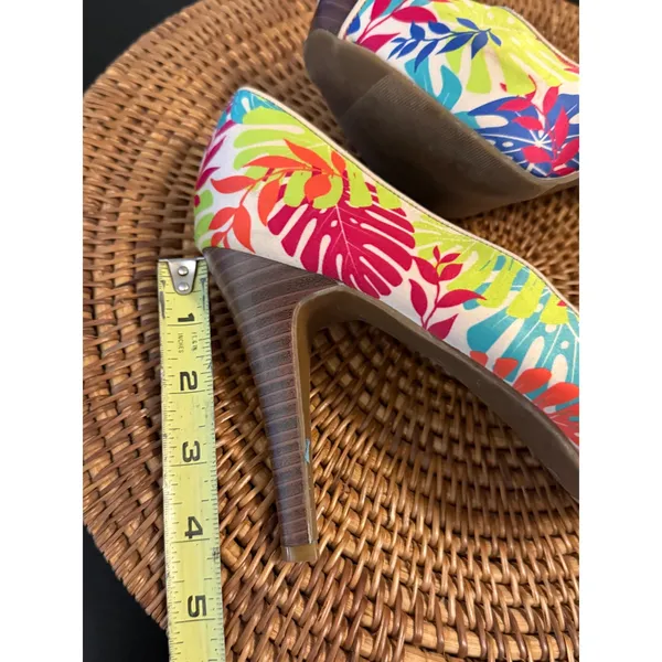 Tropical Peep Toe Platform Pumps Hawaiian‎ Leaf Print Multicolor Heels Size 9M - Image 7