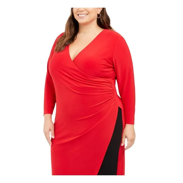 NWT Tommy Hilfiger Womens Plus Size Faux-Wrap Asymmetric Sheath Dress Red 18W - Image 3