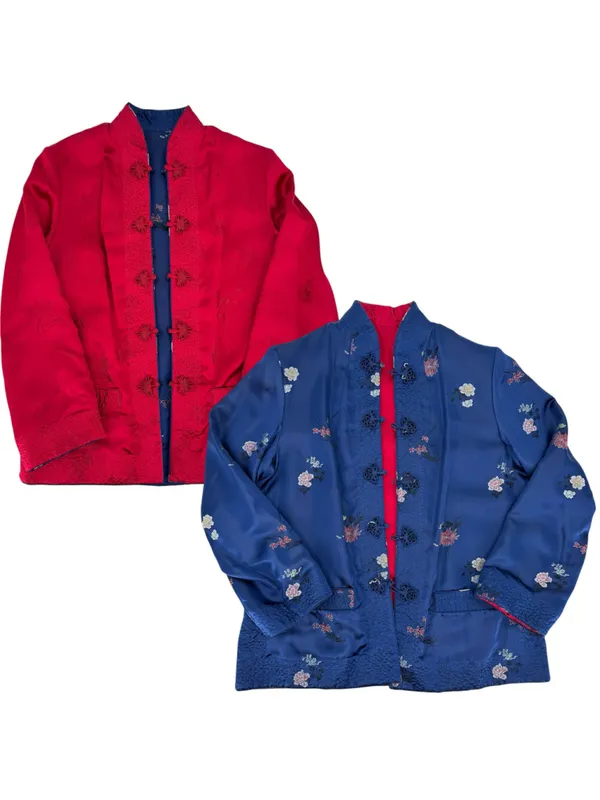 Peony Asian Kimono Jacket REVERSIBLE Blue Floral or Red Shanghai China Vintage L - Image 2