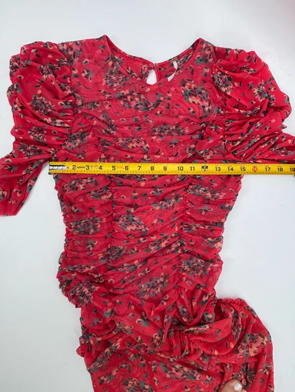 Free People Red Floral Ruched Midi Dress with Puff Sleeves - Image 8