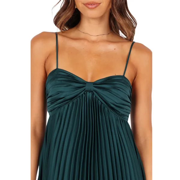 Petal & Pup Vikki Pleated Teal Satin Maxi Dress - Image 3