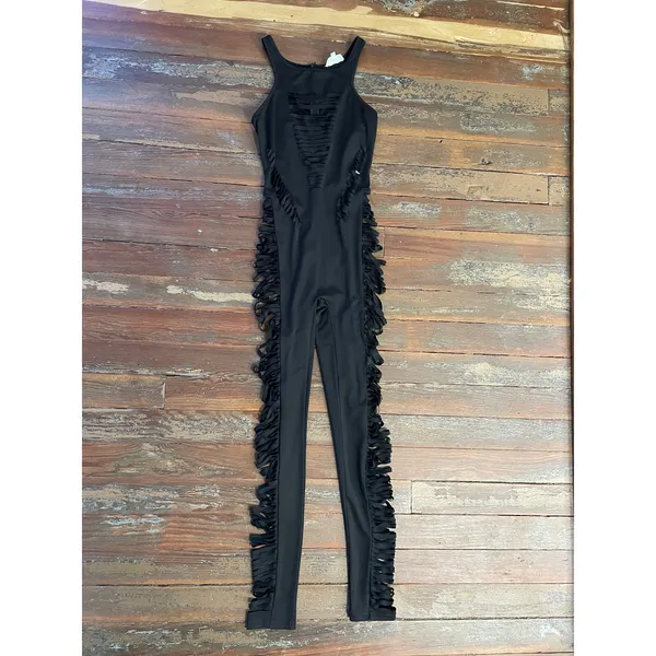 Shane Justin Black Fringe Cutout Bodysuit Runway Catsuit Size M - Image 3