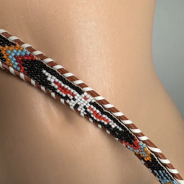 Womans Indian Hand Beaded Leather Belt Adjustable Bird Colorful - Image 12