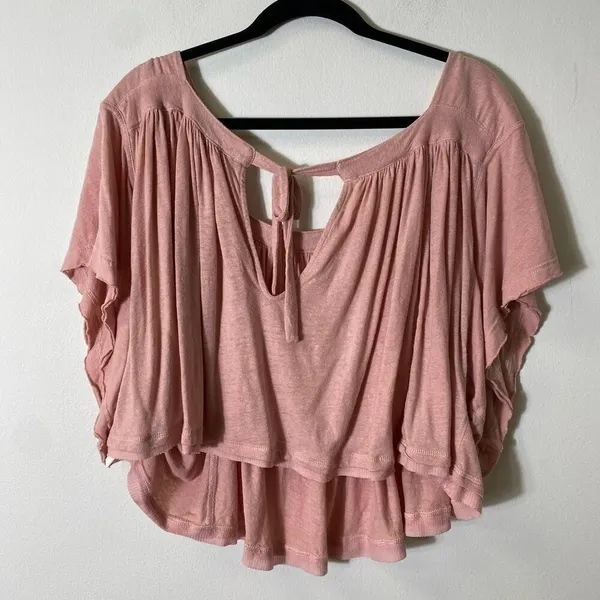 Free People Pink Oversized Cropped Scoop Necked Top Sz L - Image 2