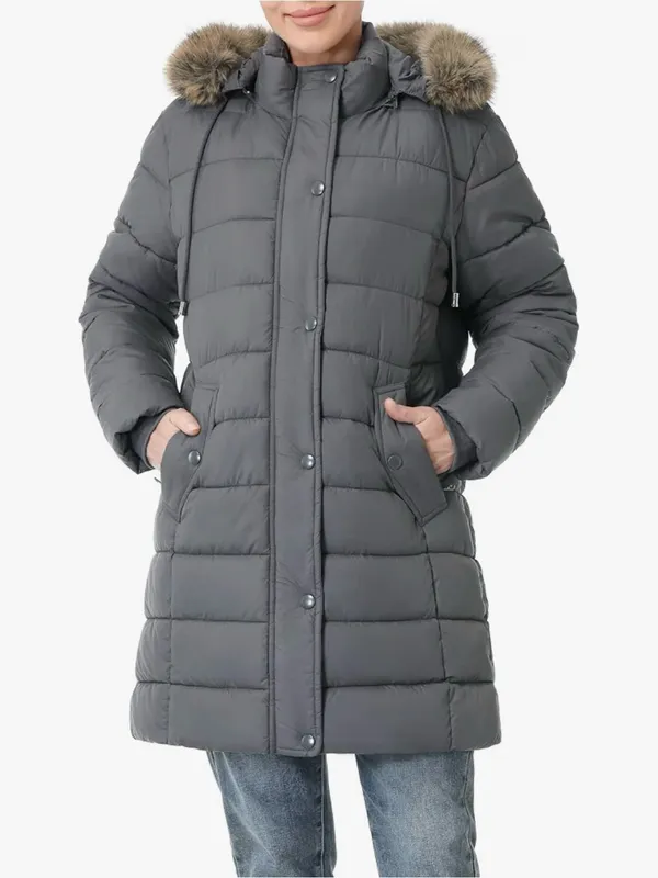 Women's Gray Quilted Long Puffer Coat with Faux-Fur Trim Hood - Image 2