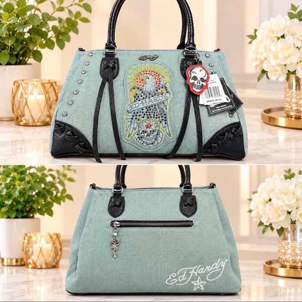 NWT Ed Hardy Denim Eagle Rhinestone Tote Bag - Y2K Vintage Style - Image 2
