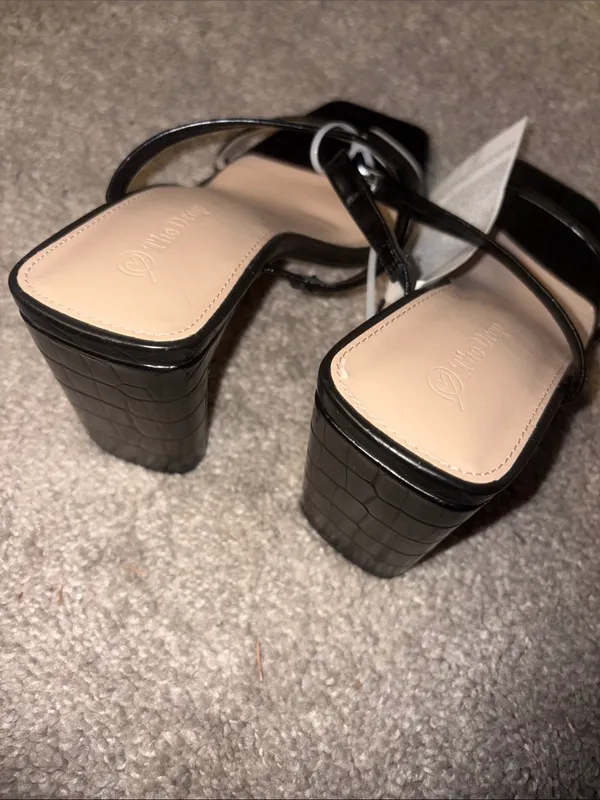 The Drop Black Croc-Embossed Strappy Heels with White Accent - Image 3