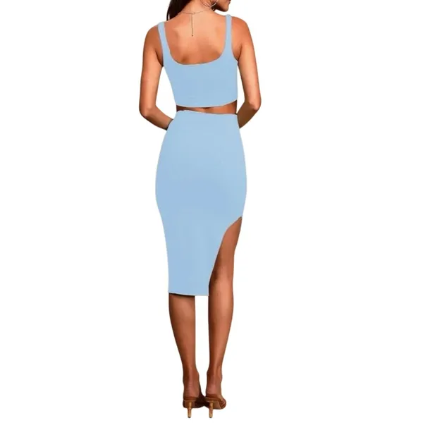 Women's 2 Piece Outfits Tank Top Ribbed Knit Bodycon Slit Skirt Set Blue small - Image 6