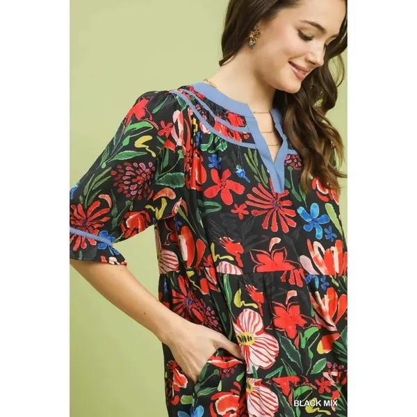 Umgee‎ Floral Tiered Puff Sleeve Dress - Black Mix - Small - Image 4