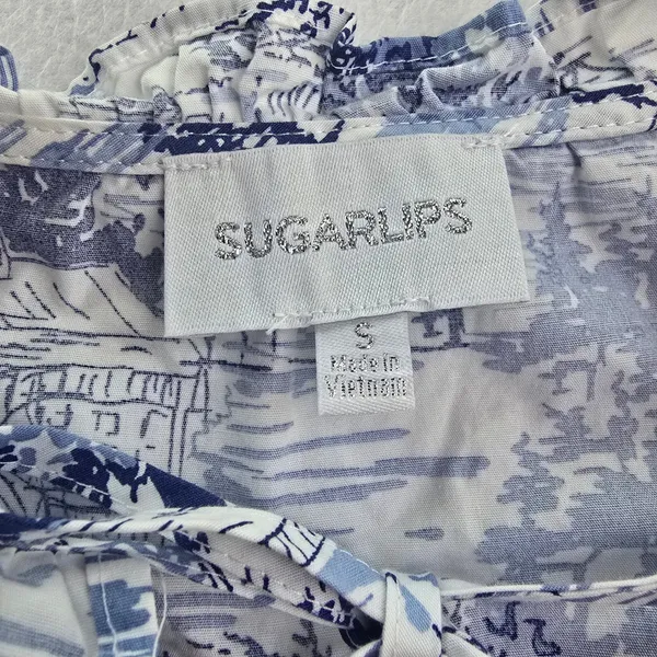 Sugarlips Francine Toile Sky Sammy Ruffle Drop Waist Dress Blue White Small‎ - Image 5