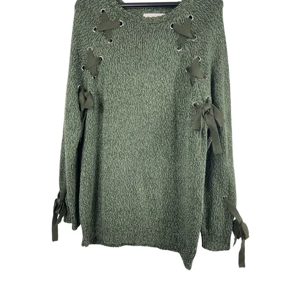 Audrey Parks Francesca’s Sweater Womens M Heathered Green Lace Up Knit Boho NWT - Image 4