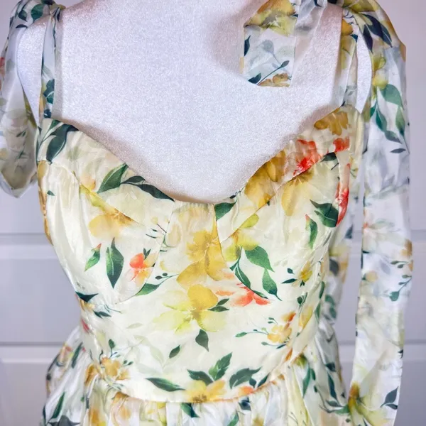 Lulus Yellow Floral Tiered Maxi Dress M Cottagecore Wedding Guest Chiffon NWT - Image 3