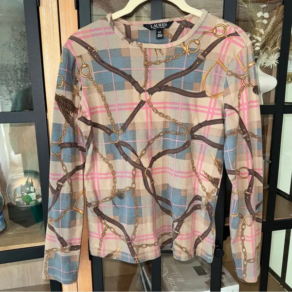 Ralph Lauren equestrian plaid long sleeve top chains hardware preppy stretch - Image 8