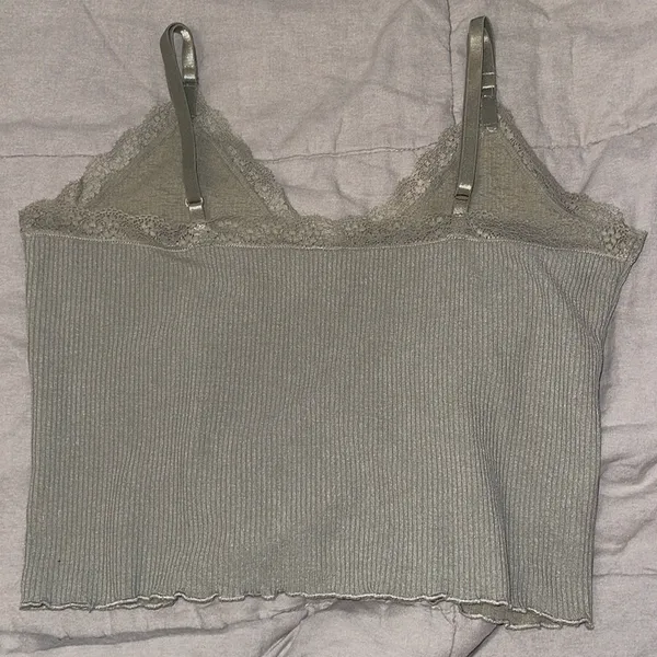 H&M Lace Trimmed Ribbed Top in Light Khaki Green - Image 2