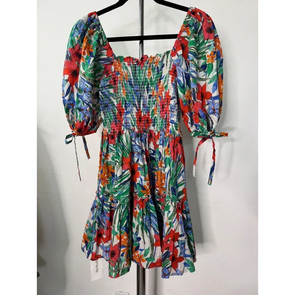 Cara Cara Floral Mini Dress Multi Smocked Puff Sleeve Tiered Cotton M - Image 6