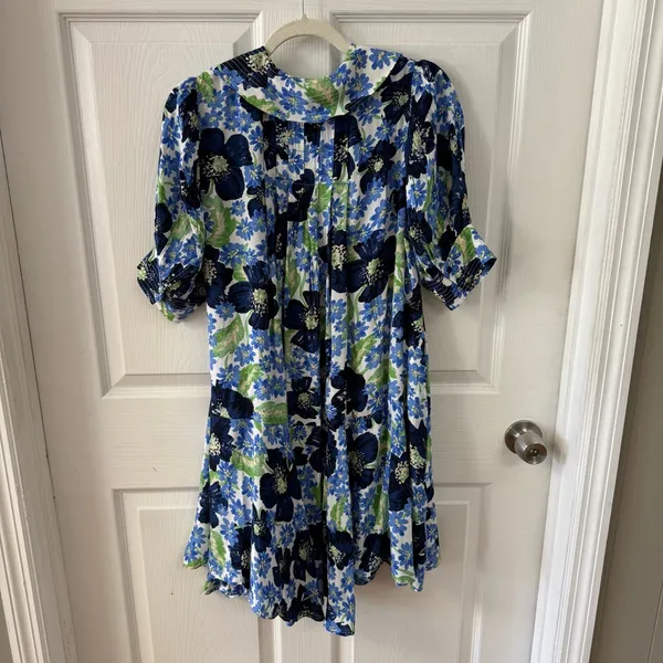 Free People Floral Mini Dress Blue Green Flowy‎ V Neck Size LG Moon Chaser - Image 4