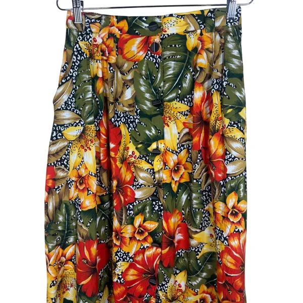 SK & Company Vintage 90s Tropical Floral Leopard Print Rayon Midi Skirt 10 - Image 2