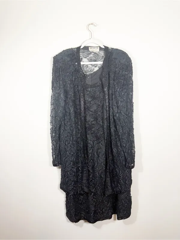 Scala Vintage Black Floral Beaded Sleeveless Midi Dress with Jacket 3X - Image 2