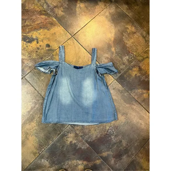 Blue Rain Chambray Cold Shoulder Denim Top Medium - Image 3