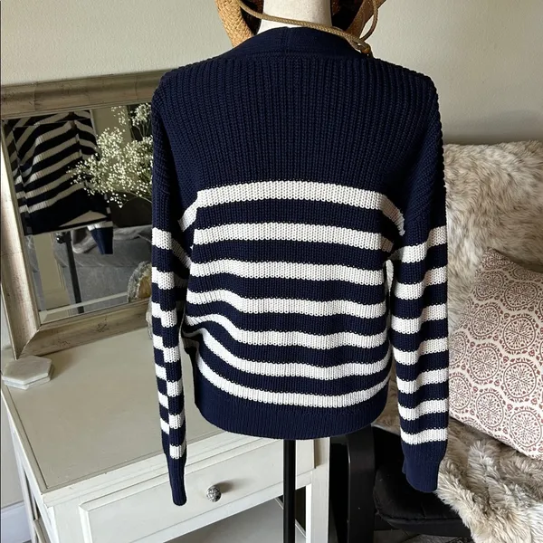 Gap shaker stitch Classic cotton navy white stripe nautical cardigan sweater M - Image 7