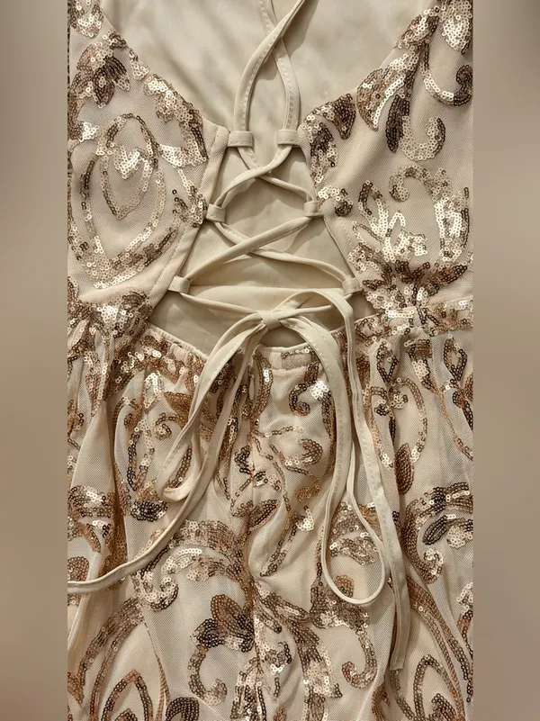 Cream with gold floral adjustable Spaghetti Strap Dress - Image 3