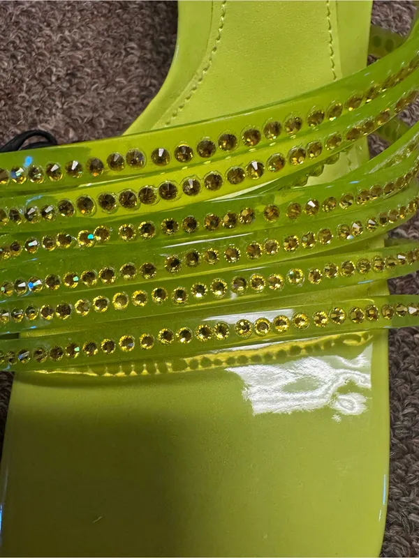 ZARA Neon Lime Green Vinyl Rhinestone Strappy High Heel Sandals Mules 6.5 EUC - Image 2