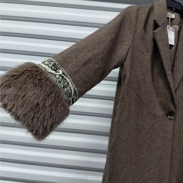 NKN Nekane Womens Wool Blend Coat Sz Small Brown Herringbone Faux Fur Old Money - Image 5