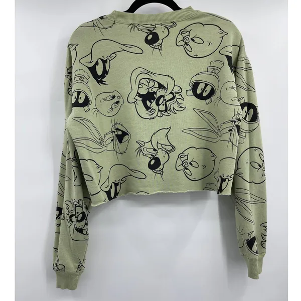 Looney Tunes Womens Bugs Bunny Daffy Duck Green Cropped Sweater Medium - Image 2
