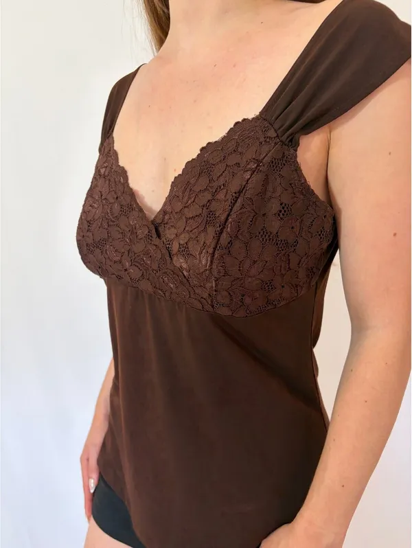 Dark Brown Cap Sleeve Lace Y2k Milkmaid Top - Image 4