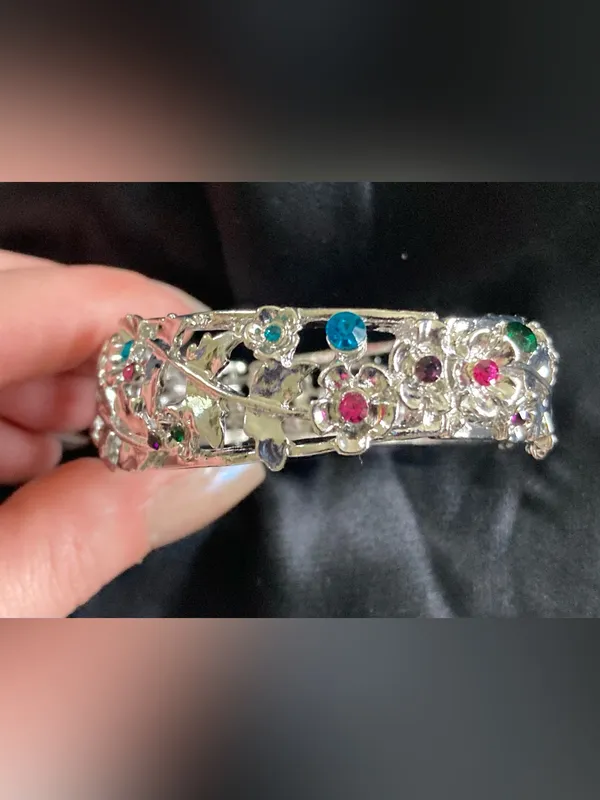 Silver Floral Bangle Bracelet w/ Pink, Green and Teal Crystal Accents - Image 9