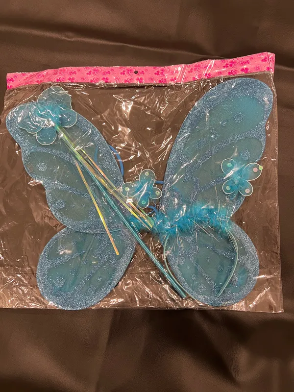 Kids Blue glitter fairy wings, wand and headband set - Image 2