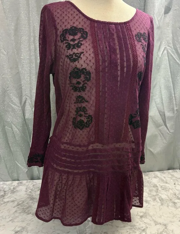Free People maroon and Black enroidered sheer Jocelyn tunic top - Image 8