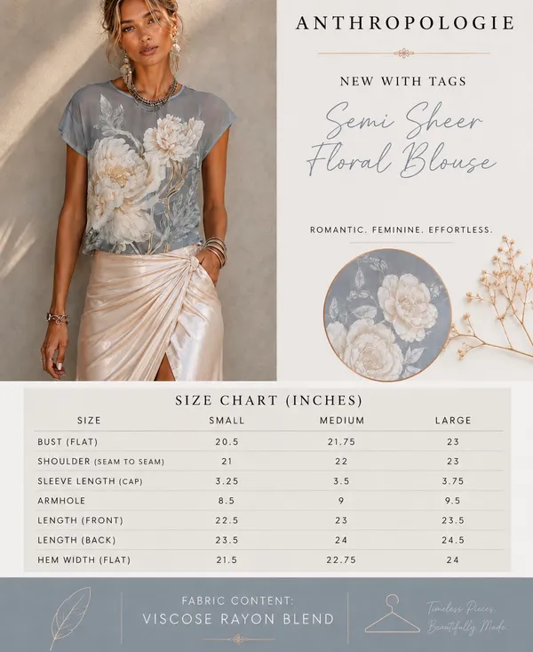 Anthropologie Blue Floral Semi Sheer Blouse NWT Cap Sleeve Boho Romantic Top S - Image 4