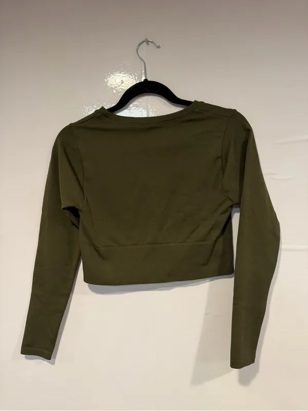 Olive Green Aerie Women's Cropped‎ Long Sleeve Top - Image 3