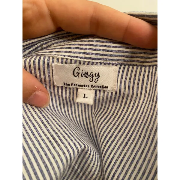 Gingy Tiered Cotton Blue White Striped Seersucker Maxi Shirt Dress Button Front - Image 5
