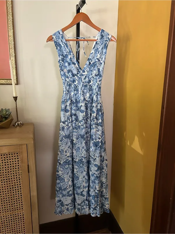 Abercrombie & Fitch Crinkle Shirred Waist Maxi Dress Floral Blue White‎ NEW XS - Image 5