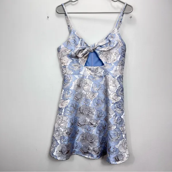 NWT Lulus‎ Quick to Love Blue Floral Jacquard Tie Front Pockets Dress LARGE - Image 5