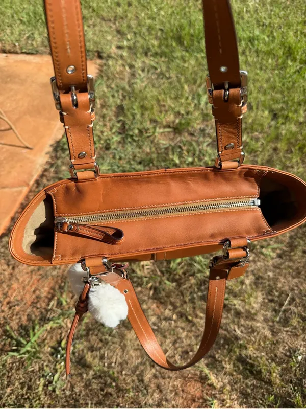 Coach Hamilton F13089 Burnished Leather Tote Cognac Brown Bag Dog Charm - Image 7