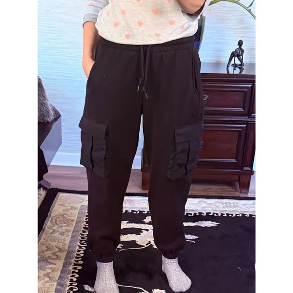 Women Black Cargo Jogger Pants Mixed Media Fleece Nylon Pockets Size M - Image 10