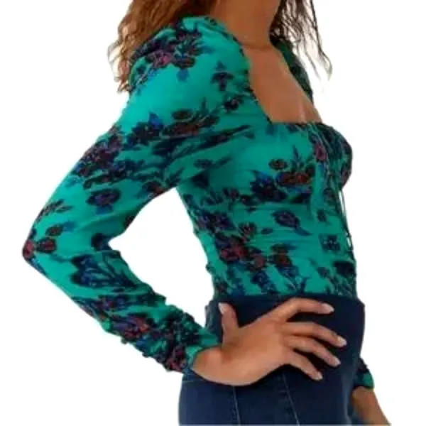 Free People Hilary Floral Printed Low Square Back Top Teal M - Image 5