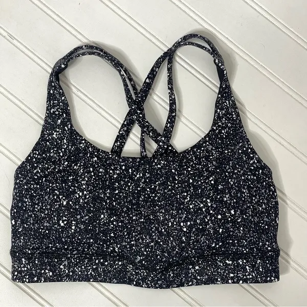 Lululemon Energy Bra Black White Speckled Strappy Back Medium Support Yoga Bra - Image 4