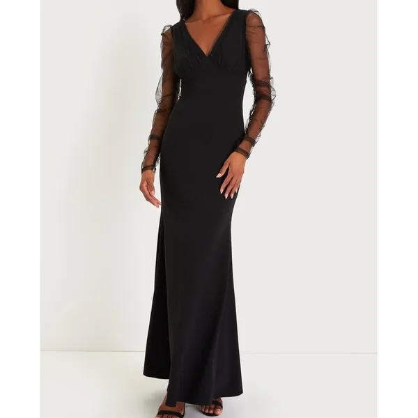 NEW Lulus Red Carpet Energy Black Tulle Long Sleeve Mermaid Maxi Dress Small - Image 2