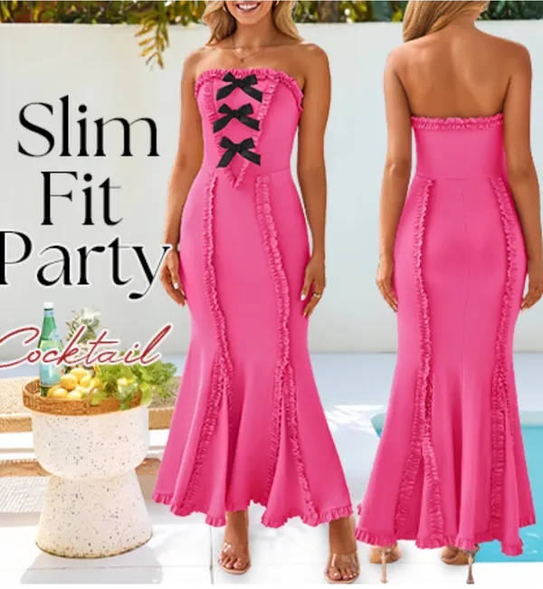 Zesica Strapless Pink Ruffle Mermaid Dress with Black Bow Detail - Image 3