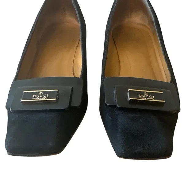 Vintage Gucci‎ Black Suede Square Toe Kitten Heels Logo 36 - Image 4