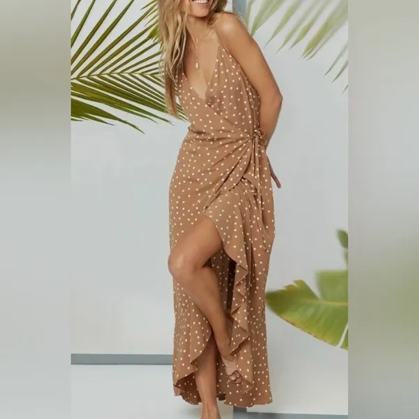L*Space Polka Dot‎ Wrap Dress Tan Ruffle Maxi Dress Size M - Image 5