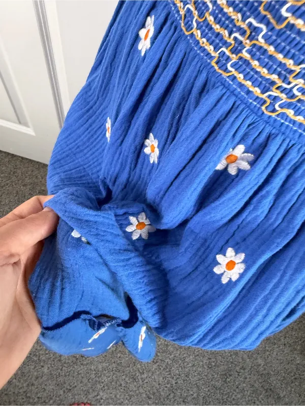 Boutique Sz S Blue Daisy Smocked Tie Strap Tiered Maxi Dress Cottagecore - Image 10